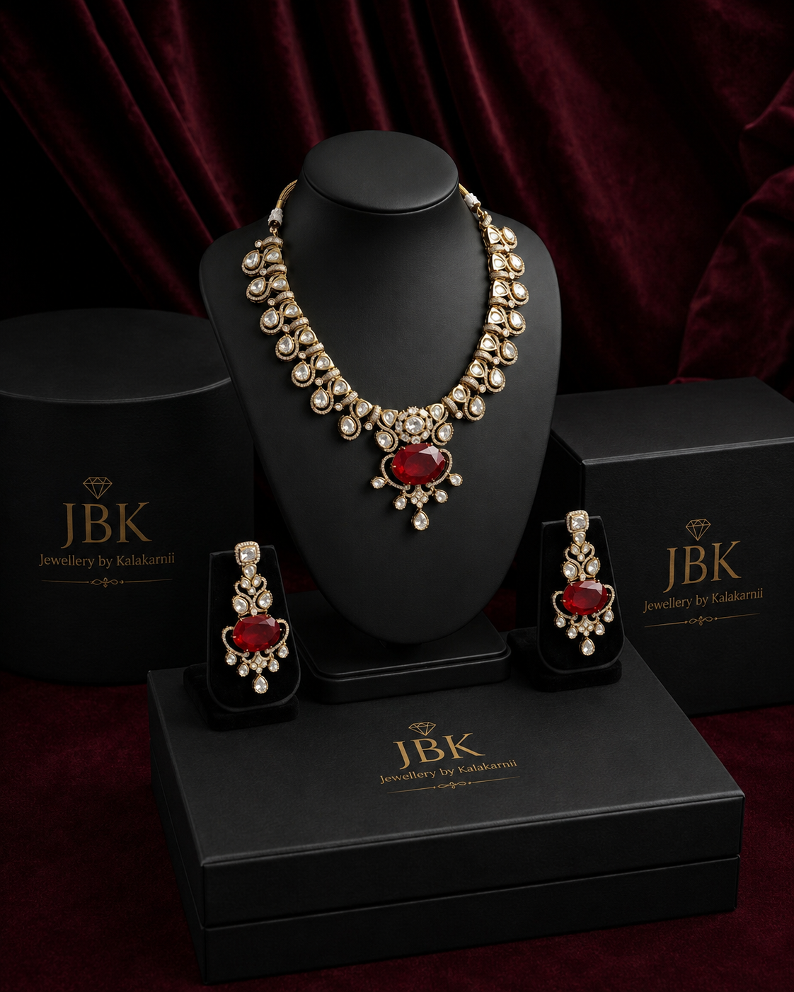 Ruby Red Moissanite Statement Necklace Set – Gold Finish