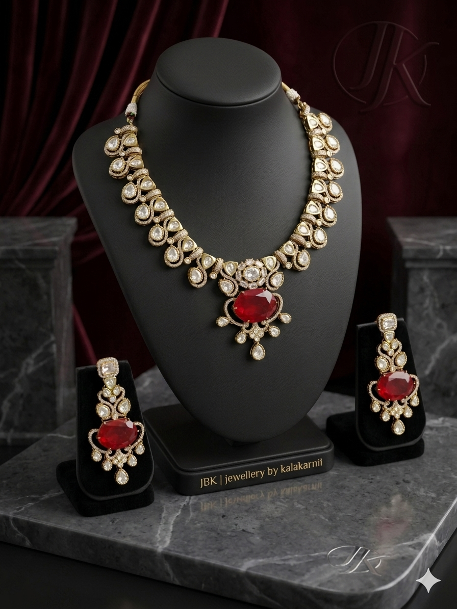 Ruby Red Moissanite Statement Necklace Set – Gold Finish